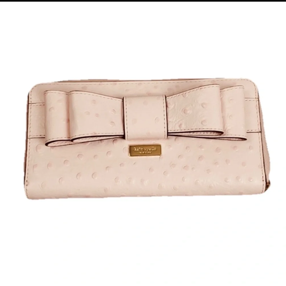 Kate Spade blush pink ostrich leather Large Bow zip round wallet